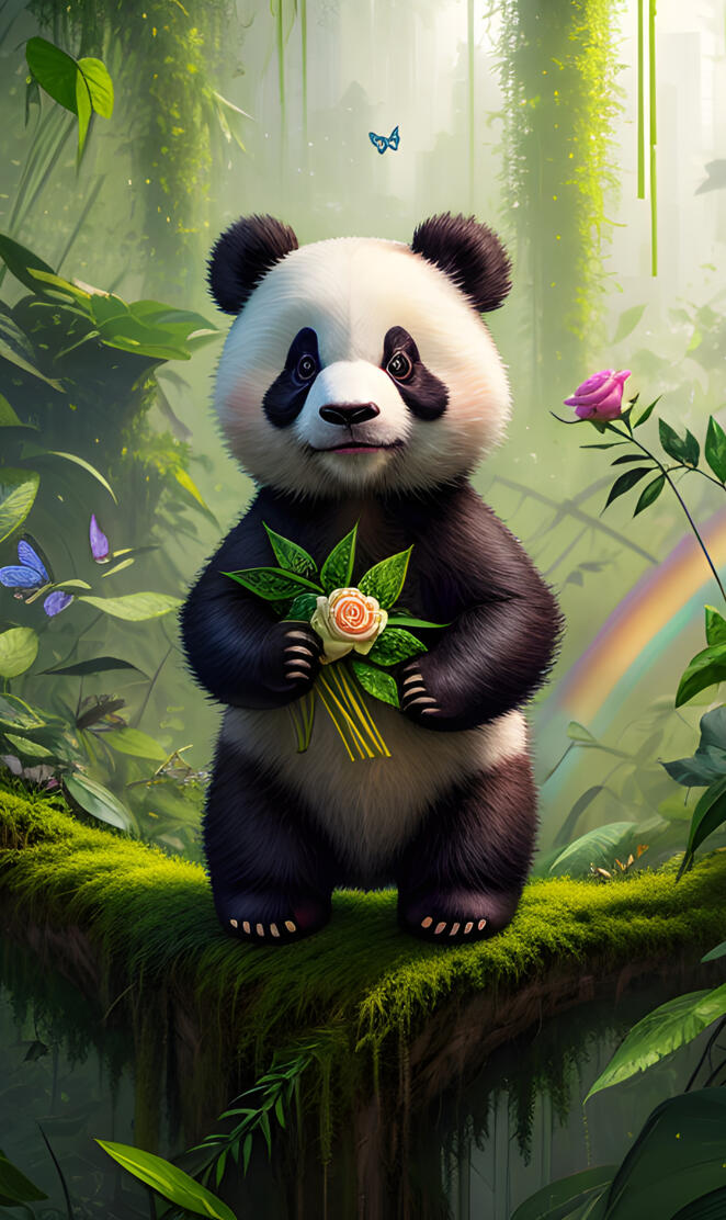 a panda holding flowers