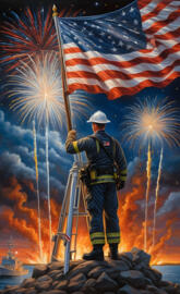 a firefighter holding a flag