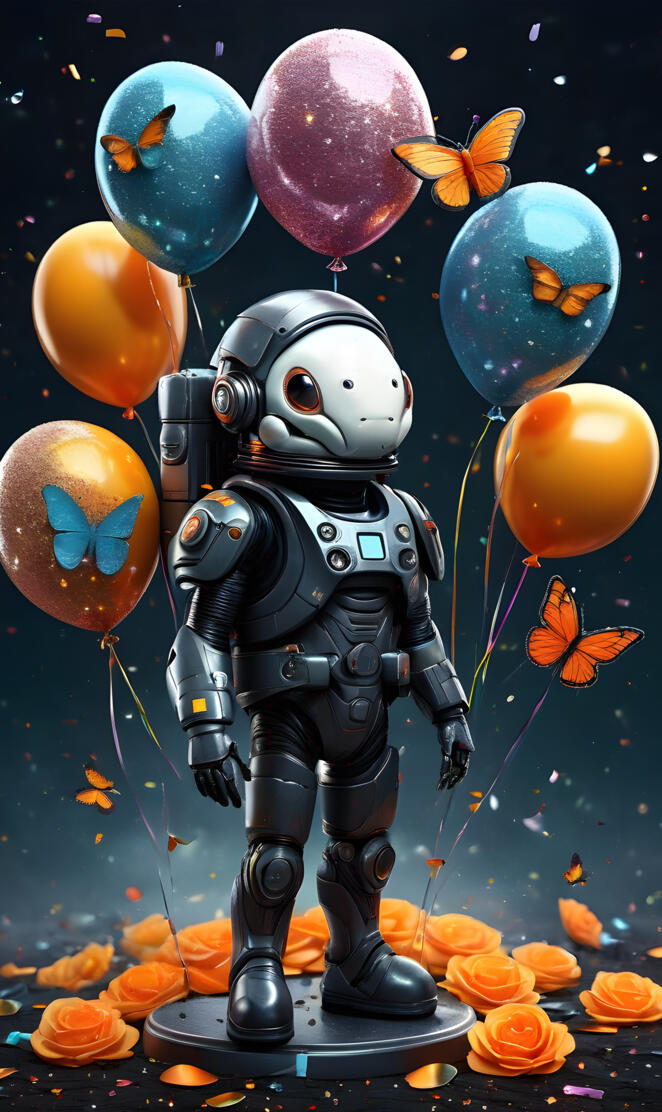 a robot holding balloons