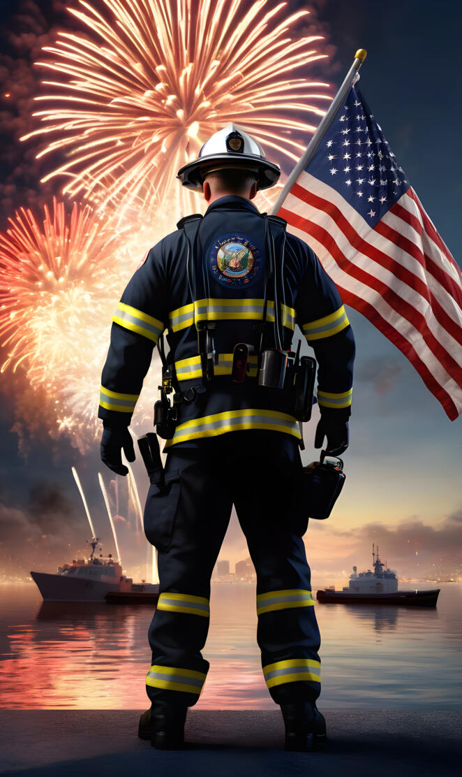 a firefighter holding a flag