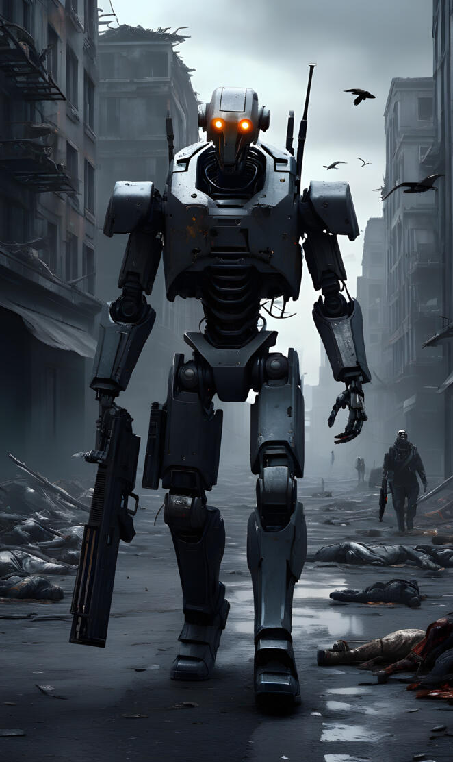 a robot holding a weapon