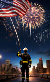 a firefighter holding a flag