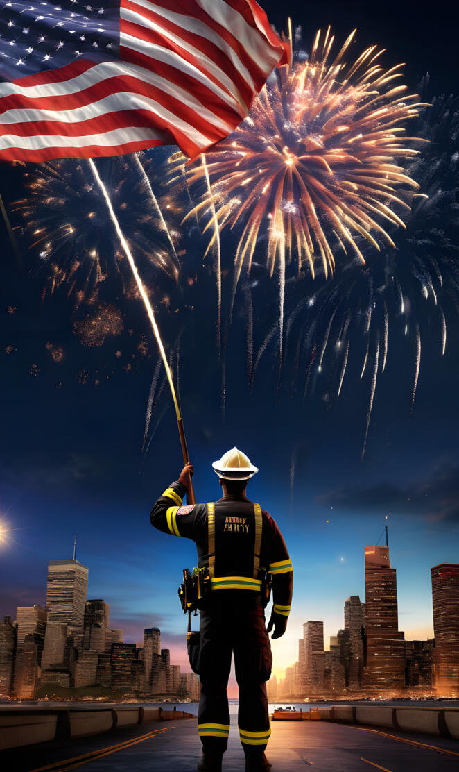 a firefighter holding a flag