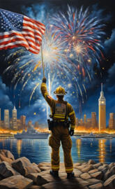 a firefighter holding a flag