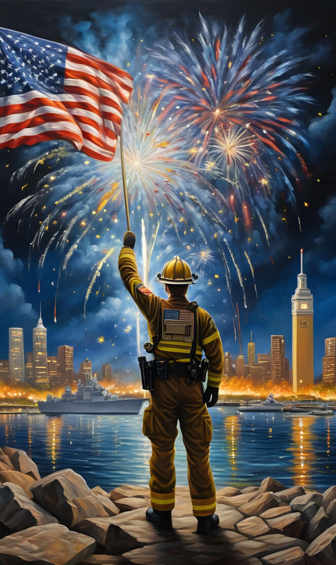 a firefighter holding a flag