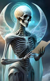 a skeleton holding cards