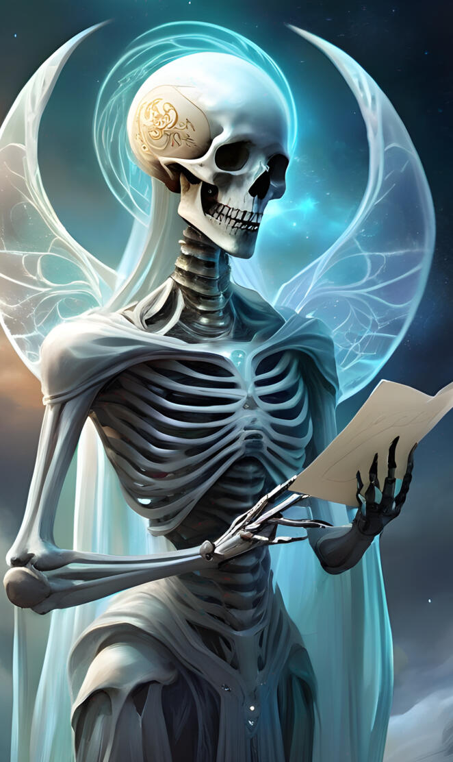 a skeleton holding cards