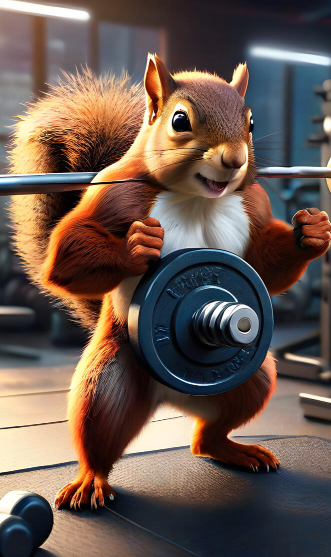 a squirrel holding a weight