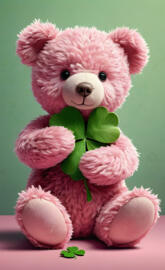 a pink teddy bear holding a four-leaf clover