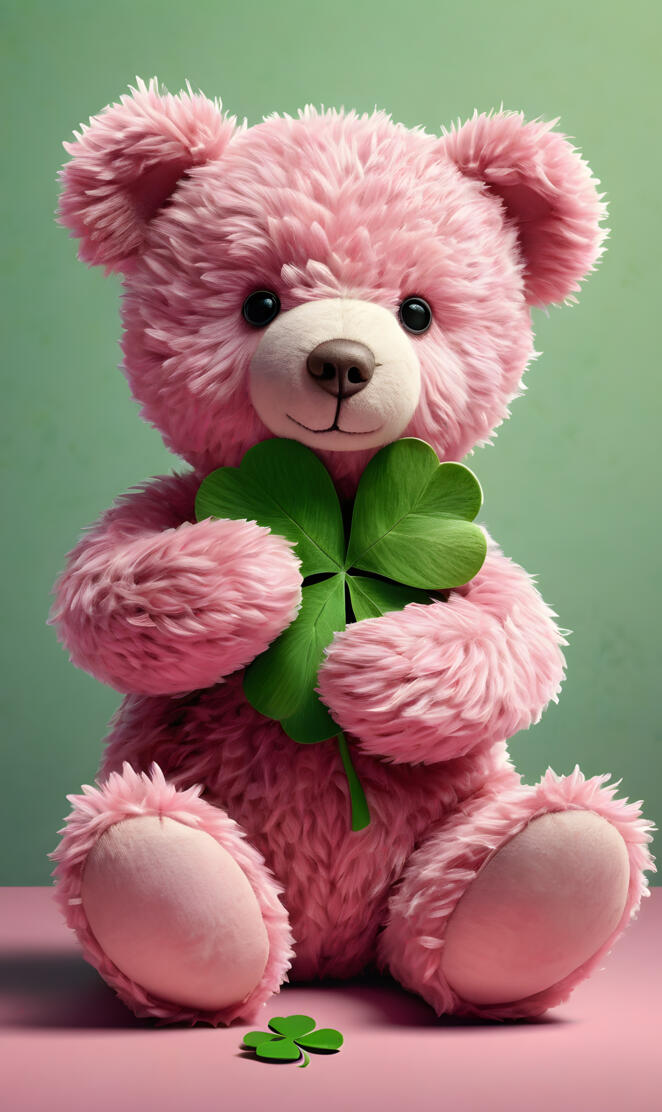 a pink teddy bear holding a four-leaf clover