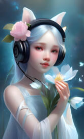 a girl wearing headphones and holding flowers