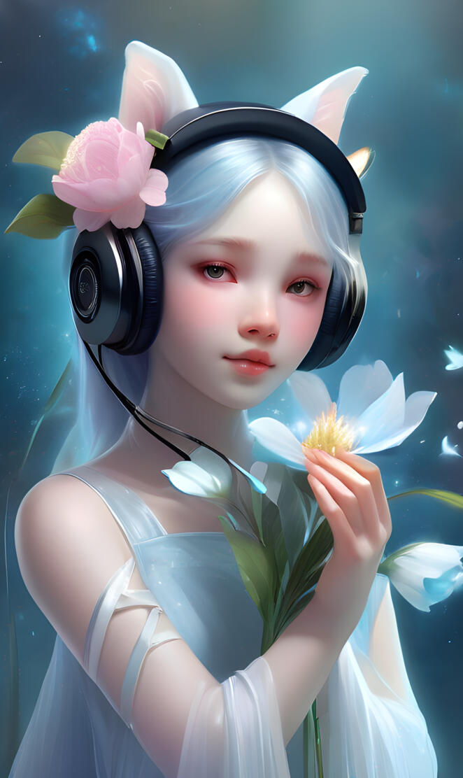a girl wearing headphones and holding flowers