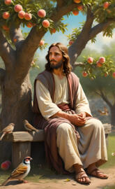 Jesus siting under Peach tree with sparrow bird by Him