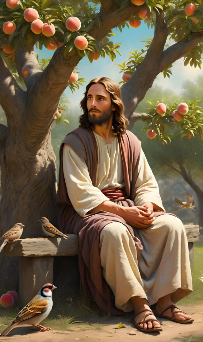 Jesus siting under Peach tree with sparrow bird by Him