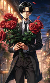 Levi Ackerman holding a bouquet of red roses