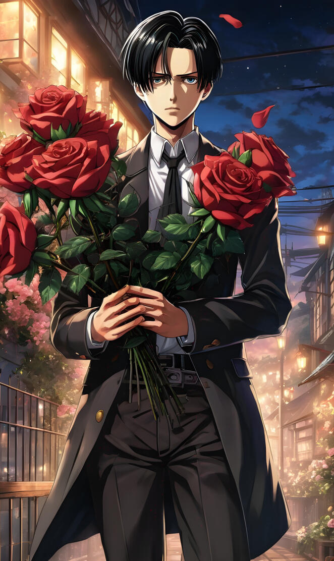 Levi Ackerman holding a bouquet of red roses