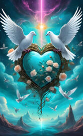 Doves carry turquoise heart with flowers