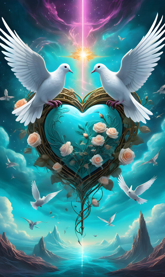 Doves carry turquoise heart with flowers