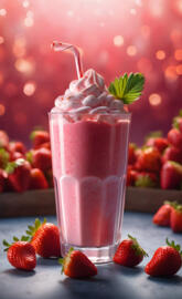 a glass with a drink in it with strawberries in the back