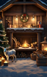 a log cabin with a fireplace and a deer statue