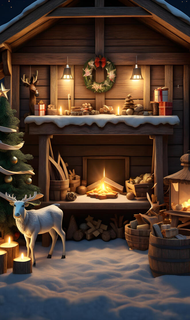 a log cabin with a fireplace and a deer statue