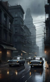 cars on a street with buildings on either side of it