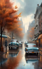 a group of cars parked on a wet street with a rainbow in the