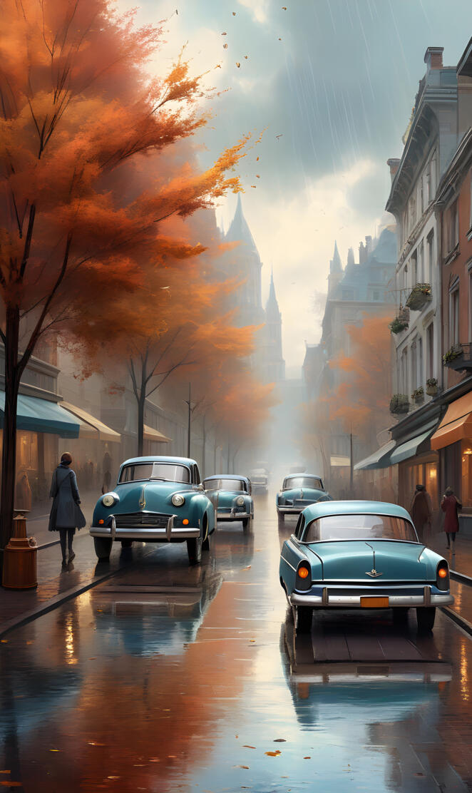 a group of cars parked on a wet street with a rainbow in the