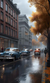 a group of cars parked on a wet street next to buildings