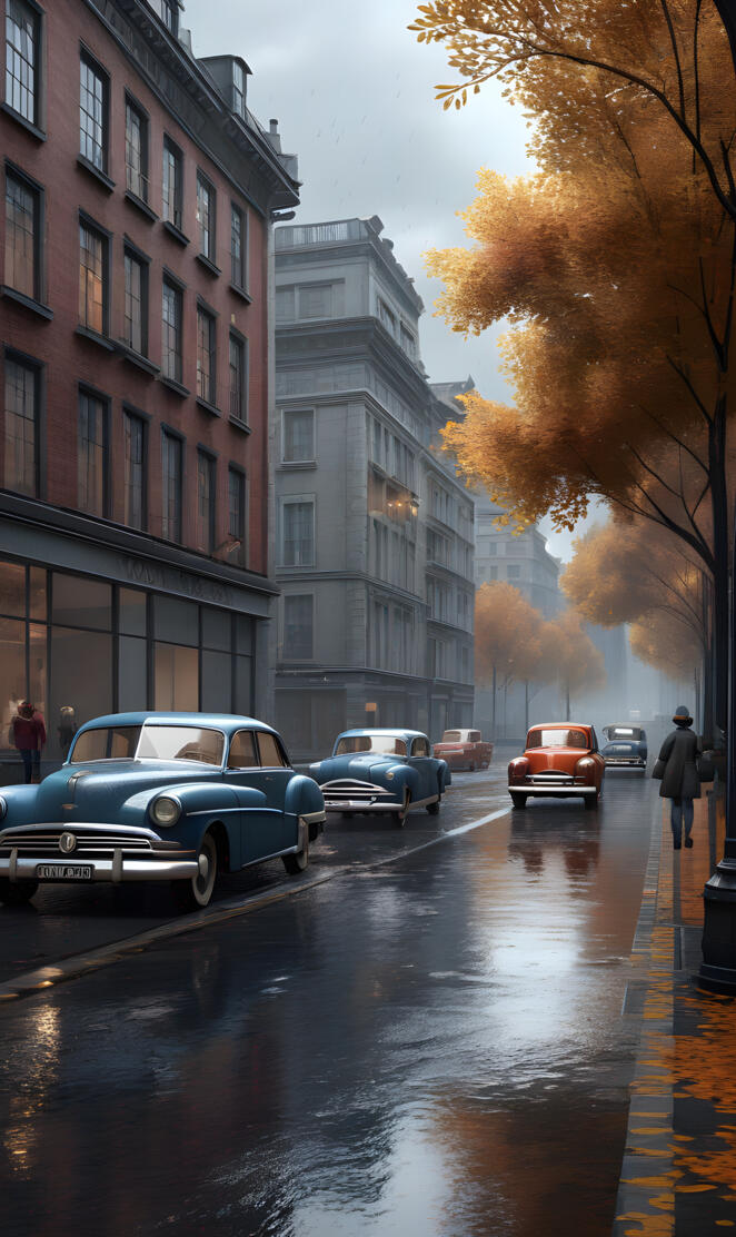 a group of cars parked on a wet street next to buildings