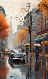 people walking down a sidewalk with umbrellas fall autumn rain