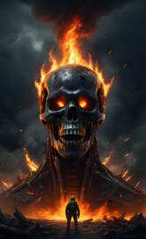 a person standing in front of a large monster with flames coming out