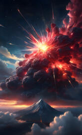 a volcano erupting at night