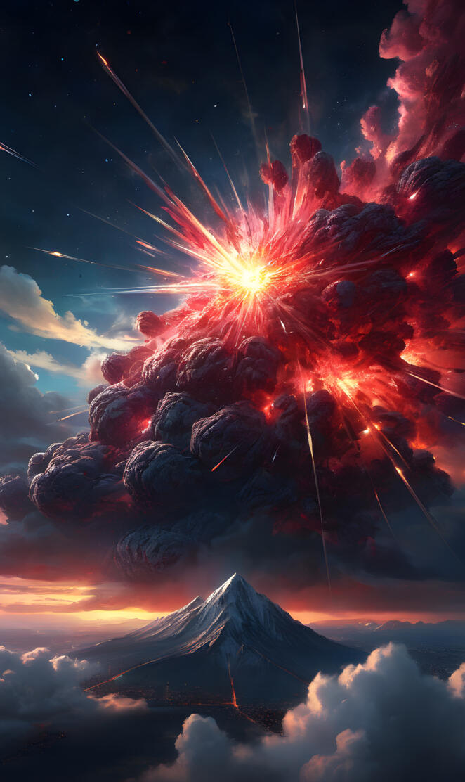 a volcano erupting at night