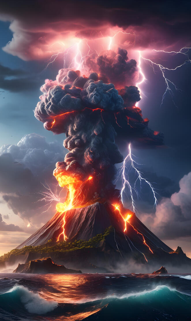 lightning striking a volcano