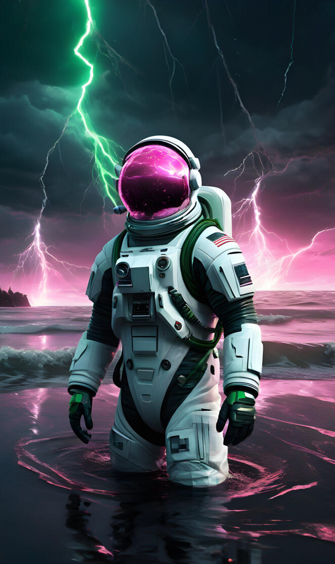 astronaut with lightning striking