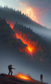 a few people standing on a mountain fire forest