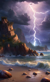 lightning striking a rocky beach