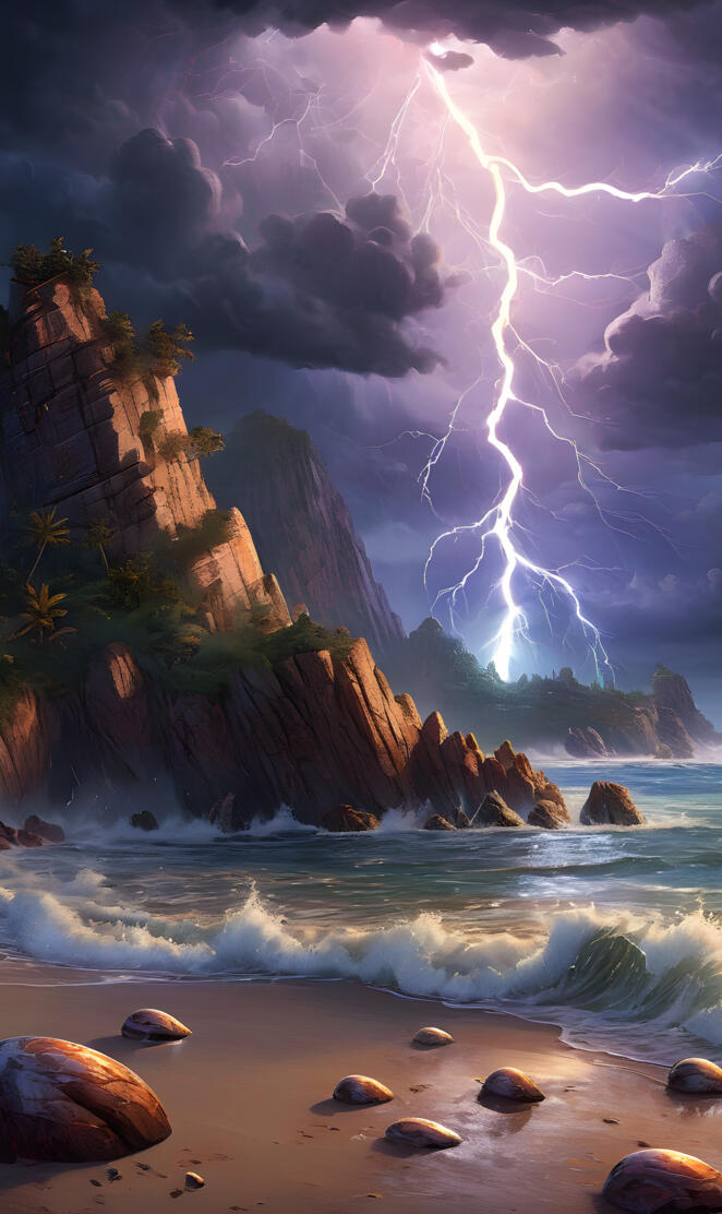 lightning striking a rocky beach