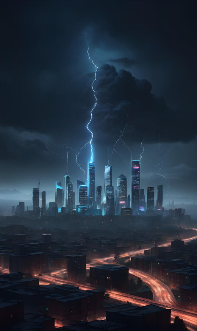 a lightning strike over a city