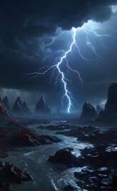 lightning striking a rocky beach