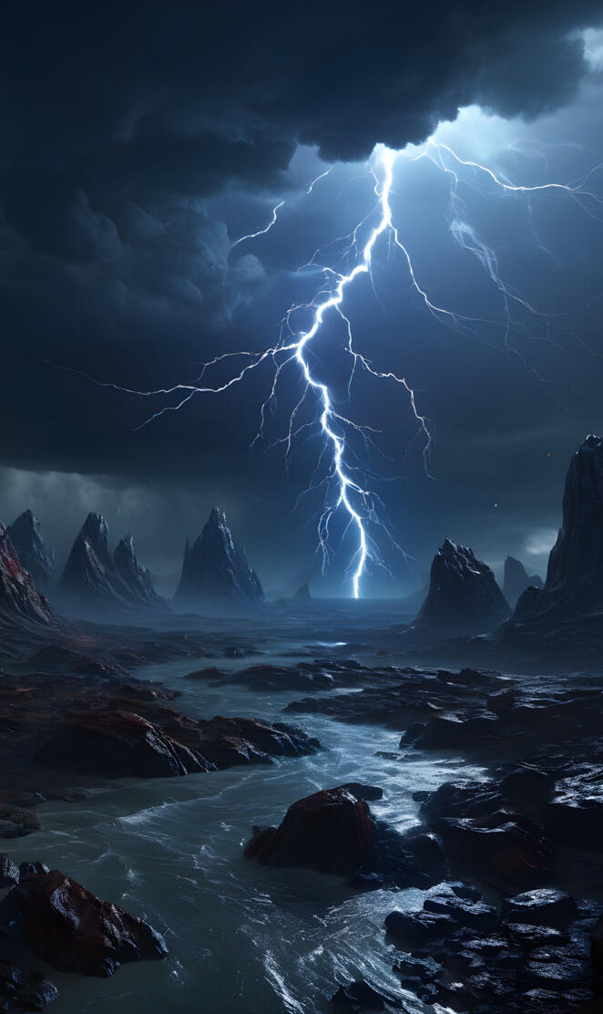lightning striking a rocky beach