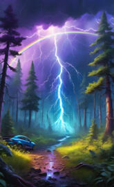 rainbow struck by a thunder volt in forest