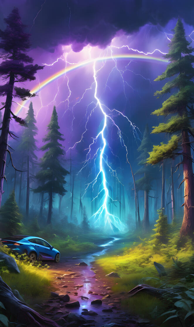 rainbow struck by a thunder volt in forest