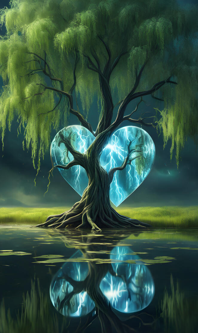 weeping Willow glass heart reflection lightning strike