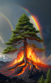 a tree with a rainbow in the background