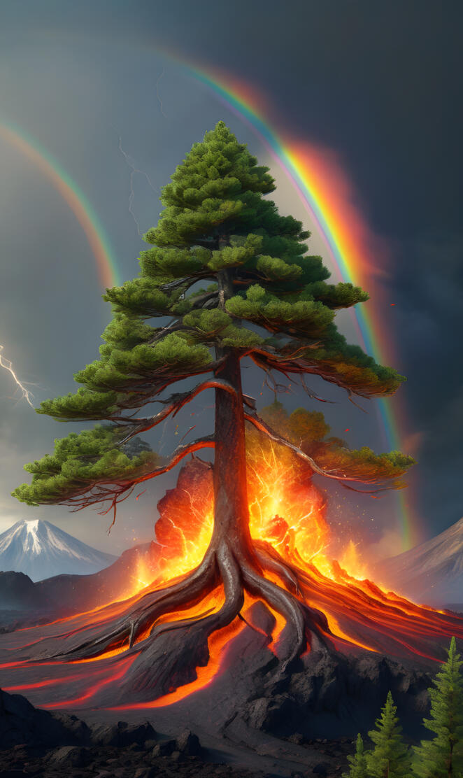 a tree with a rainbow in the background
