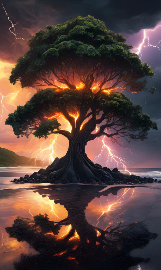 black sand reflection tree of Life reflection Beach