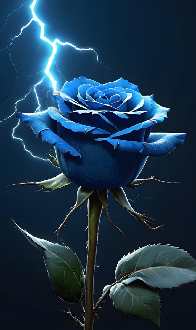 a blue rose with a lighting strike