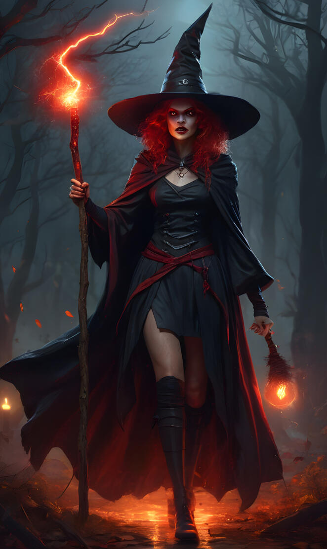 Halloween, evil witch, red, lightening